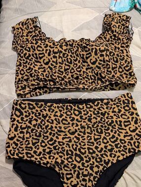 Leopard Print High-Waist Bikini Set - Tan/Black